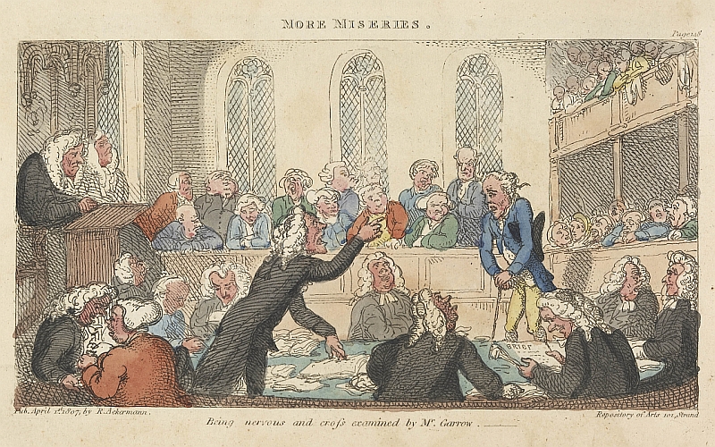 A court scene at the Old Bailey. In the foreground is a table round which Counsel are seated. One stands, leaning forward and shouting at a trembling witness. Two bewigged judges are seated on the left under a canopy. The jury are in a box across the back of the image.  There are two tiers of densely packed spectators on the right.