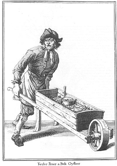 An oyster seller with a wheelbarrow