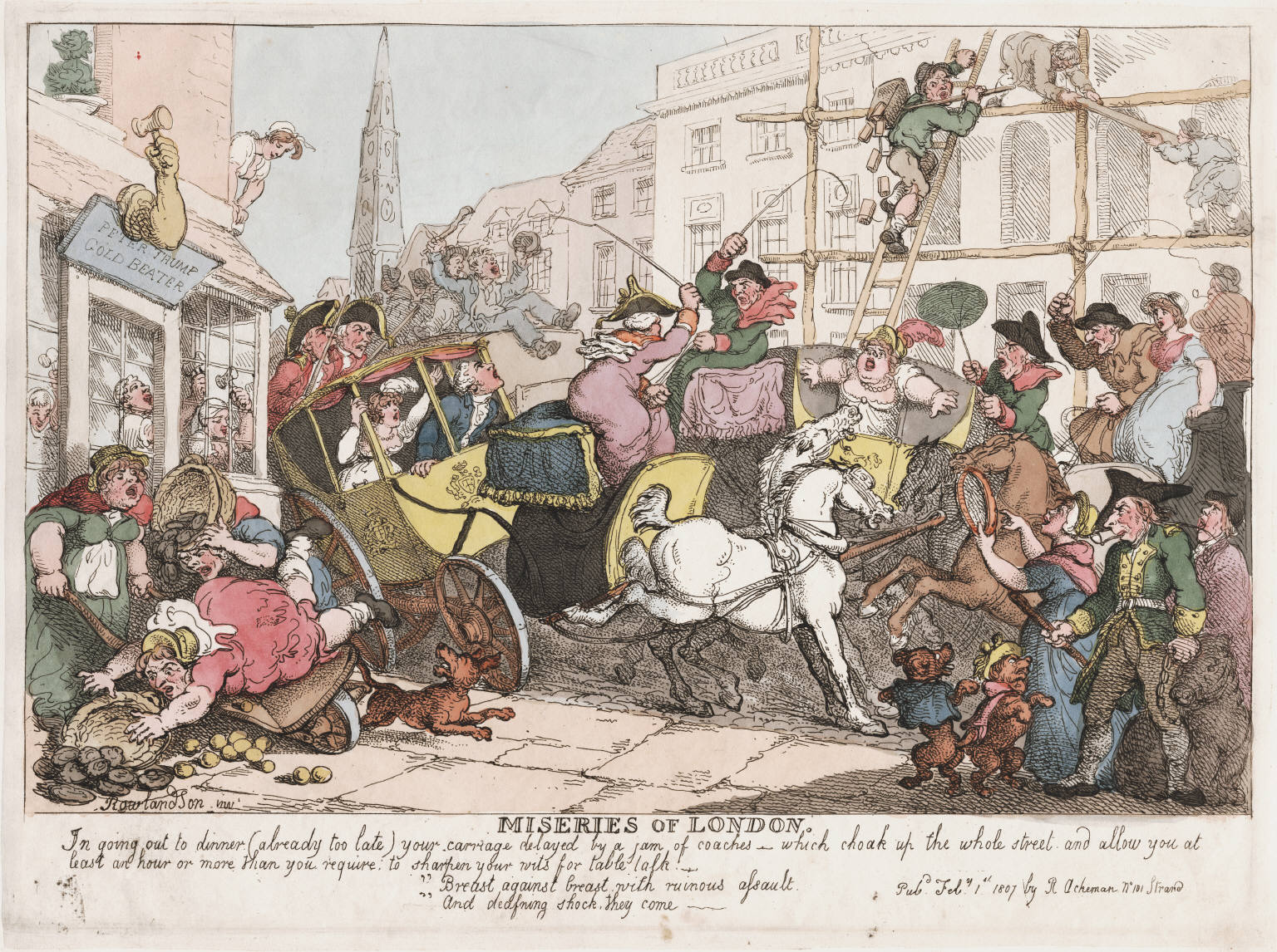 A traffic accident between two coaches on a London street.  The coachmen argue and threaten each other with whips, while the wealthy passengers scream with fright.  A man on a scaffold in the distance drops bricks from his hod, as he views the scene.
